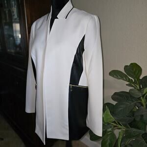 Anne Klein Jacket L White Black Faux Leather Colorblock Zip Pocket Open Front